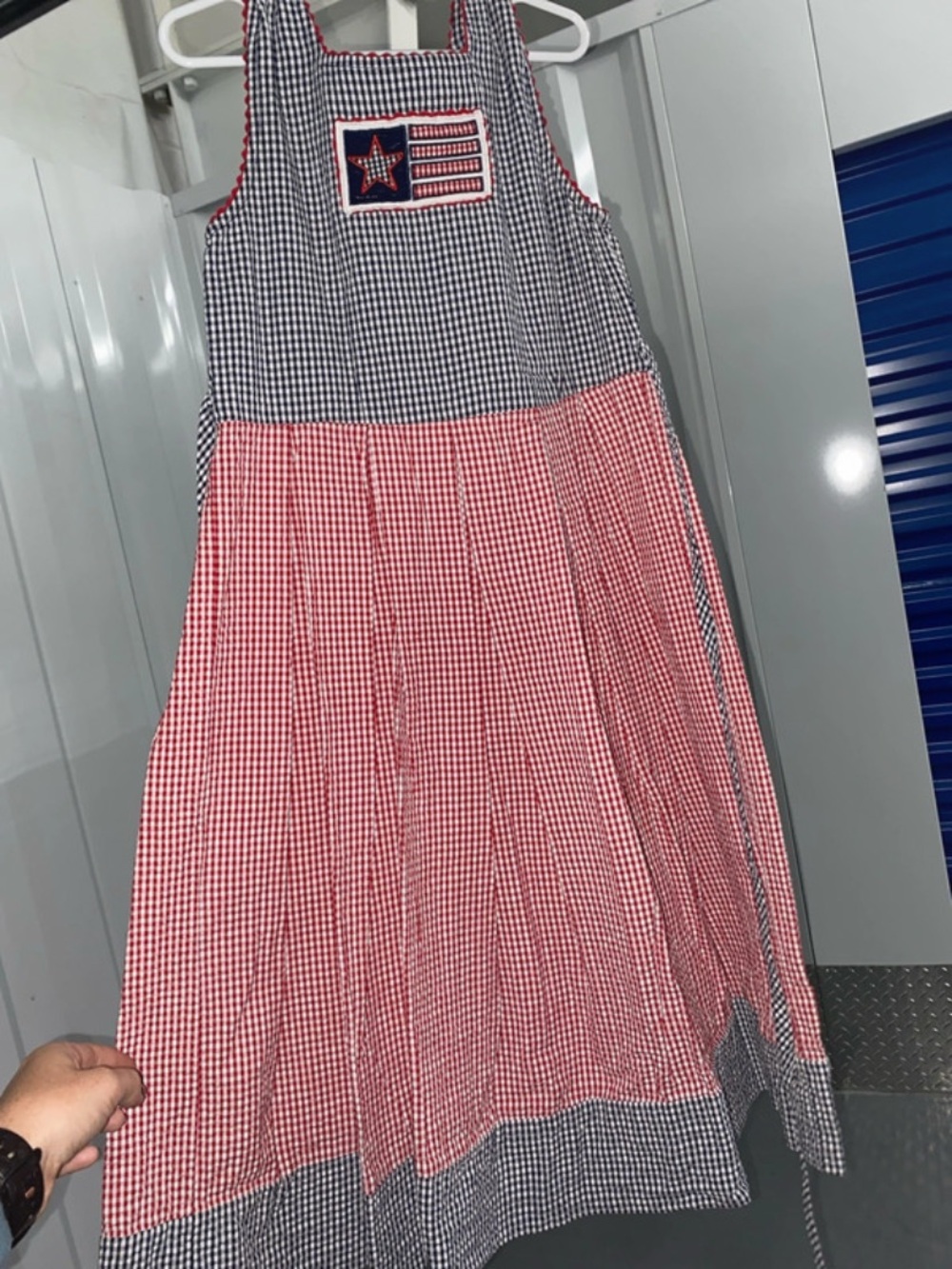 Girls Red and Navy Gingham Sundress with Star Patch Accent